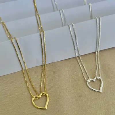 CHOKER CORACAO VAZADO CORRENTE DUPLA VENEZIANA BANHO OURO 18K/PRATA 999