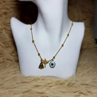 COLAR BOLINHA C/ PING. OLHO GREGO NSA SENHORA E CRUZ BANHO OURO 18K