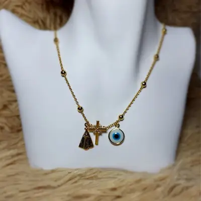 COLAR BOLINHA C/ PING. OLHO GREGO NSA SENHORA E CRUZ BANHO OURO 18K