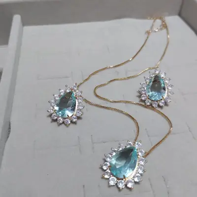CONJUNTO PEDRA GOTA COM 1 CARREIRA DE ZIRCONIA BANHO OURO 18K