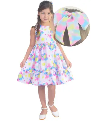 Vestido Infantil Ursinhos Coloridos Estilo Neon + Enfeite de Cabelo