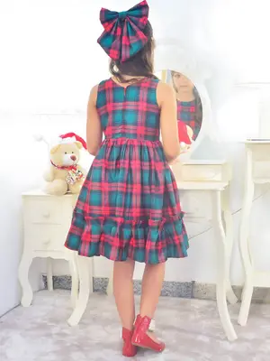 Vestido Infantil Xadrez Vermelho e Verde Natalino com Laço Elegante