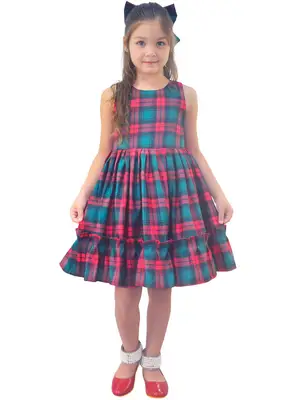 Vestido Infantil Xadrez Vermelho e Verde Natalino com Laço Elegante