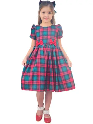 Vestido Xadrez Infantil Natal Vermelho Verde Estilo Clássico com Laço Elegante