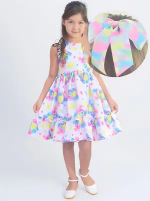 Vestido de Menina Colorido Fashion - Enfeite de Cabelo - Varias Estampas