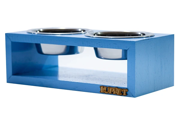 Comedouro Duplo De Madeira Com Potes Inox Para Gatos E Cachorros Azul (LP9510-02