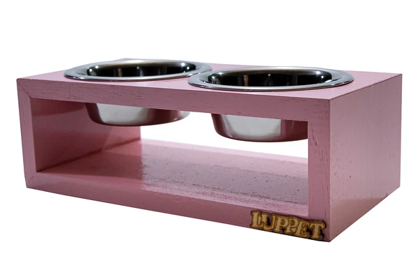 Comedouro Duplo De Madeira Com Potes Inox Para Gatos E Cachorros Rosa (LP9510-01