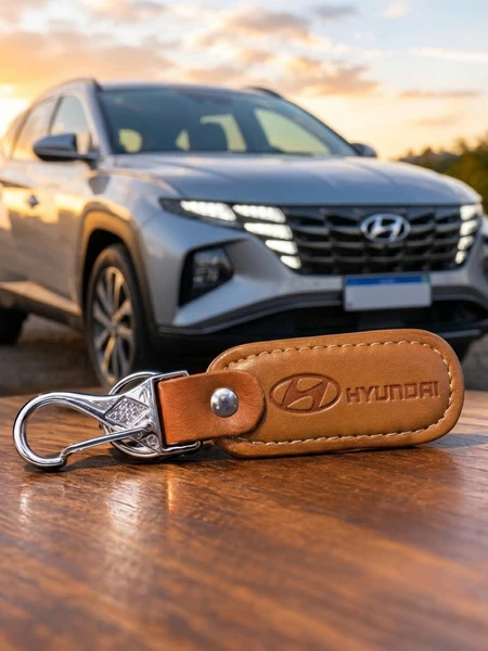 Chaveiro HYUNDAI Marrom Couro Ecológico / Argola Metal .