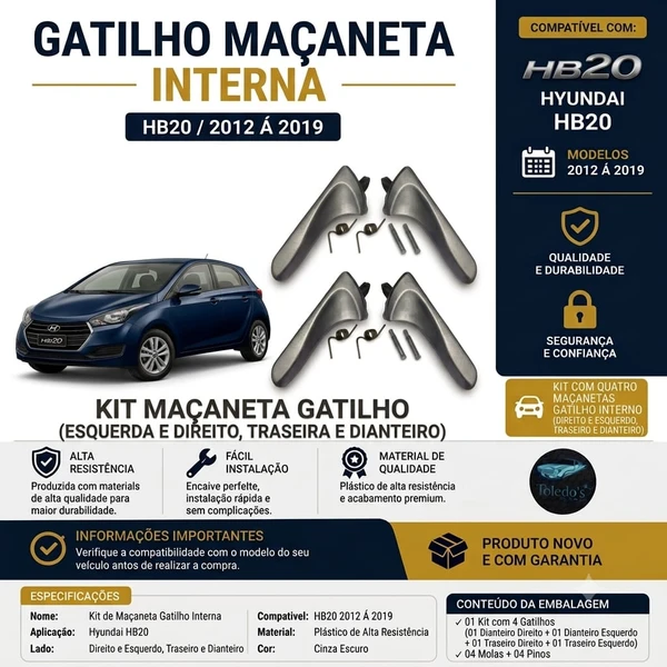 kit 4 Gatilhos Maçaneta interna Dianteira e Traseira HB20 2012 á 2019 Cinza Escuro