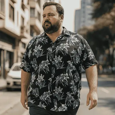 Camisa de Botão Plus Size Estampada Havaiana Tactel Elastano