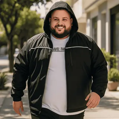Jaqueta Corta-Vento Plus Size com Capuz Motoqueiro Resistente à Água