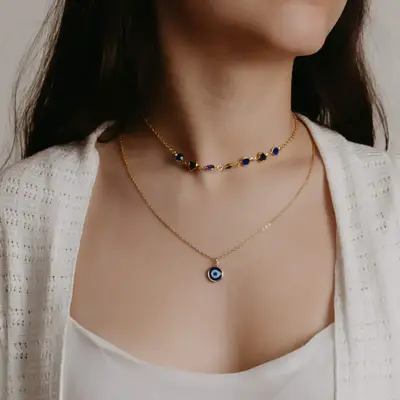Colar Duplo Olho Grego - Banhado em Ouro 18k