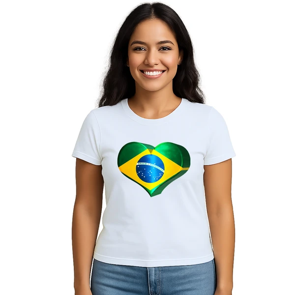 Baby Look Brasil Coração Personalizada Feminina Adulto Algodão com Poliéster