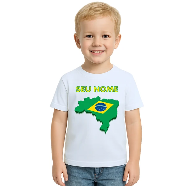 Camiseta Brasil Com Nome Camisa Personalizada Blusa Infantil e Juvenil Algodão com Poliéster