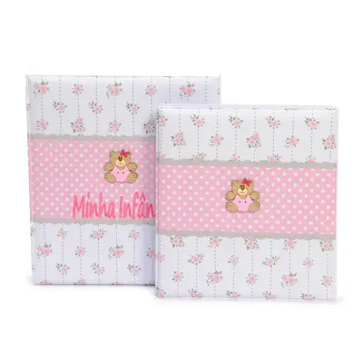 ÁLBUM DE FOTOS COM ESTOJO PARA BEBÊ 15X21/20X25 - BORDADO MINHA INFÂNCIA ROSA