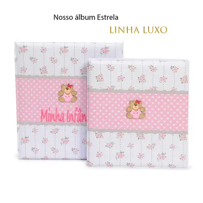 ÁLBUM DE FOTOS COM ESTOJO PARA BEBÊ 15X21/20X25 - BORDADO MINHA INFÂNCIA ROSA
