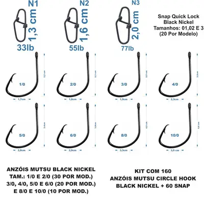 Kit Com 160 Anzóis Mutsu Circle Hook + 60 Snap Quick Lock
