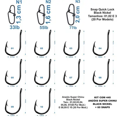 Kit Com 440 Anzóis Super Chinu Black Nickel + 60 Snap Quick Lock
