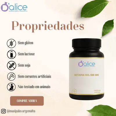 Betaína HCl 500 mg - Suplemento para Digestão e Saúde Gástrica  | 60 Doses em Capsulas vegetais