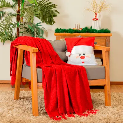 Almofada Avulsa Cheia Bordada Papai Noel Natalina 45cm x 45cm com Gorro em Cetim - Decoração Natal Fim de Ano