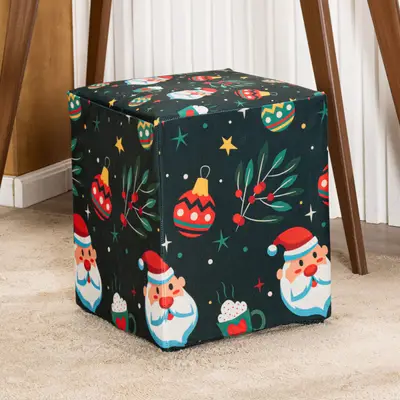 Capa de Puff Quadrado Avulsa Estampada Natalina Ajustável com Elástico - Tecido Veludo Suede Decoração Natal Banquinho