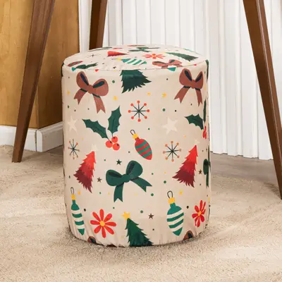 Capa de Puff Redondo Grande Avulsa Estampada Natalina Ajustável com Elástico - Tecido Veludo Decoração Natal Banquinho