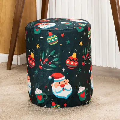Capa de Puff Redondo Grande Avulsa Estampada Natalina Ajustável com Elástico - Tecido Veludo Decoração Natal Banquinho