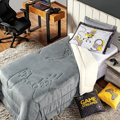 Coberdrom Game Streamer Cinza Queen 03 Peças - Dupla Face Sherpa e Mantinha