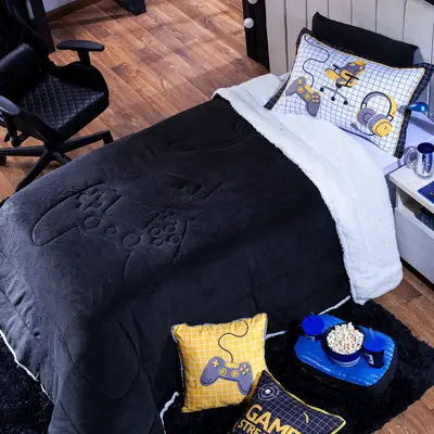 Coberdrom Game Streamer Preto Solteiro 02 Peças - Dupla Face Sherpa e Mantinha