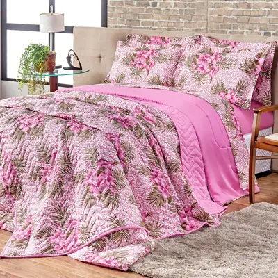 Cobre Leito Munique Floral Púrpura Dupla Face Queen 03 Peças - Percal 120 Fios