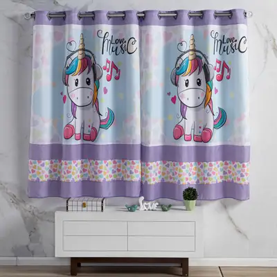 Cortina para Quarto Donuts Unicórnio Lilás/Rosa 2,00m x 1,50m - Para Varão Simples