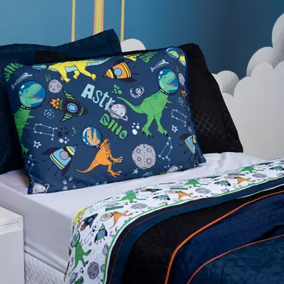 Jogo de Cama Astrodino Branco/Azul Marinho Casal Padrão 04 Peças - Percal 200 Fios