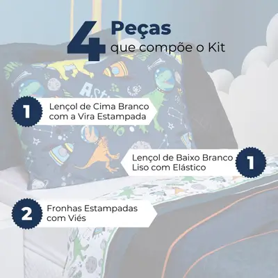 Jogo de Cama Astrodino Branco/Azul Marinho Queen 04 Peças - Percal 200 Fios