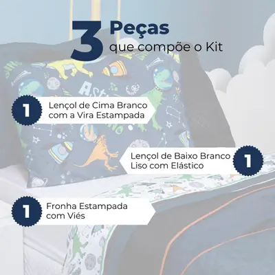 Jogo de Cama Astrodino Branco/Azul Marinho Solteiro 03 Peças - Percal 200 Fios