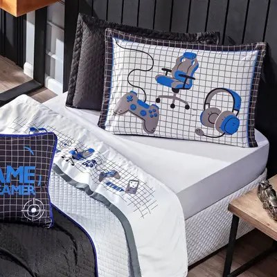 Jogo de Cama Game Streamer Branco/Azul CASAL PADRÃO 04 Peças - Percal 200 Fios