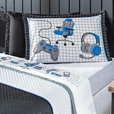 Jogo de Cama Game Streamer Branco/Azul CASAL PADRÃO 04 Peças - Percal 200 Fios