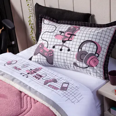 Jogo de Cama Game Streamer Branco/Rosê Solteiro 03 Peças - Percal 200 Fios