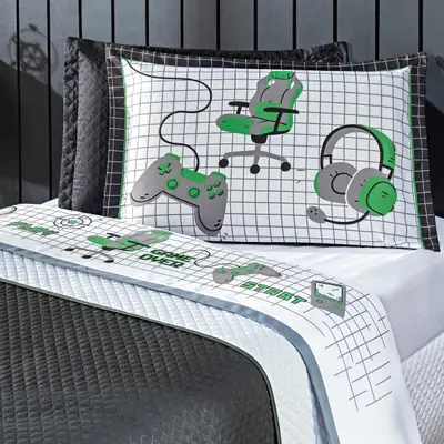 Jogo de Cama Game Streamer Branco/Verde SOLTEIRO 03 Peças - Percal 200 Fios
