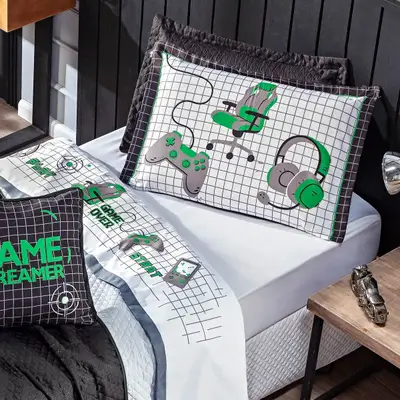 Jogo de Cama Game Streamer Branco/Verde SOLTEIRO 03 Peças - Percal 200 Fios