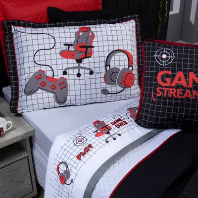 Jogo de Cama Game Streamer Branco/Vermelho Queen 04 Peças - Percal 200 Fios
