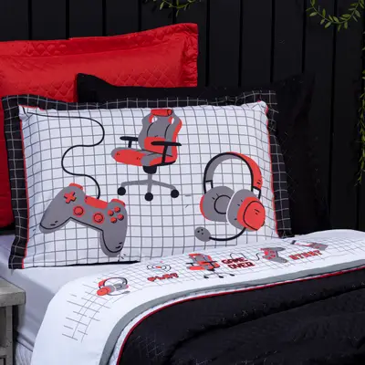 Jogo de Cama Game Streamer Branco/Vermelho Queen 04 Peças - Percal 200 Fios