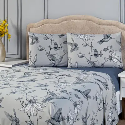 Jogo de Cama Lençol Beija-flor Azul/Cinza CASAL PADRÃO 04 Peças - Estampado Percal 300 Fios Acetinado