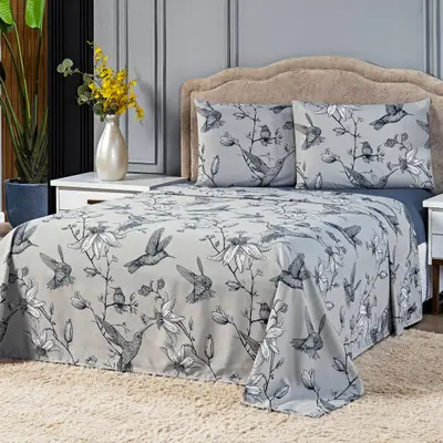 Jogo de Cama Lençol Beija-flor Azul/Cinza QUEEN 04 Peças - Estampado Percal 300 Fios Acetinado