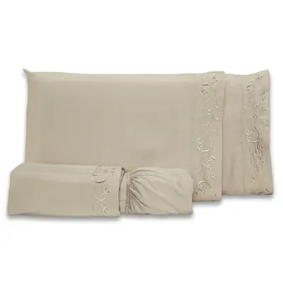 Jogo de Cama Lençol Blossom Bordado Floral Percal 300 Fios com Fronhas CASAL PADRÃO 04 Peças - Toque Acetinado