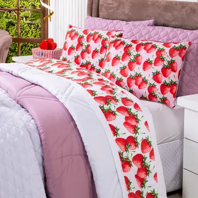 Jogo de Cama Lençol CASAL PADRÃO Morangos Branco com Fronhas Estampadas 04 Peças - Tecido Percal 200 Fios