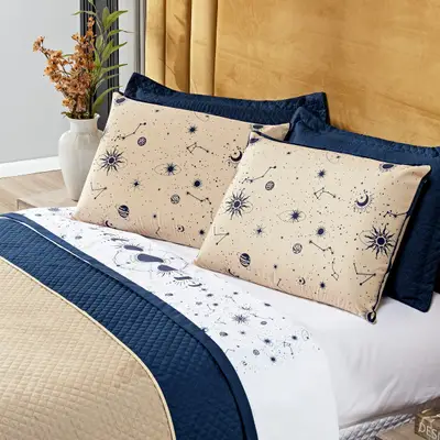 Jogo de Cama Lençol Constelações Branco QUEEN 04 Peças - Percal 200 Fios Decoração Universo Astrologia Signos