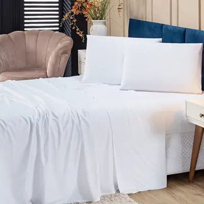 Jogo de Cama Lençol Eternity Bamboo Branco com Fronhas QUEEN 04 Peças - Tecido Liso Percal 400 Fios Fibra de Bambu