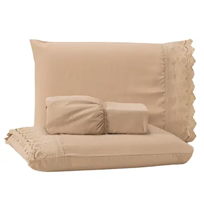 Jogo de Cama Lençol KING 03 Peças Sublime Bordado Inglês Percal 300 Fios com Fronhas - Toque Acetinado