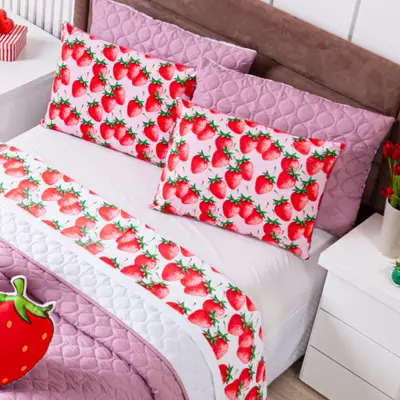 Jogo de Cama Lençol SOLTEIRO Morangos Branco com Fronha Estampada 03 Peças - Tecido Percal 200 Fios
