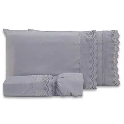 Jogo de Cama Lençol Sublime Bordado Inglês Percal 300 Fios com Fronhas KING 04 Peças - Toque Acetinado